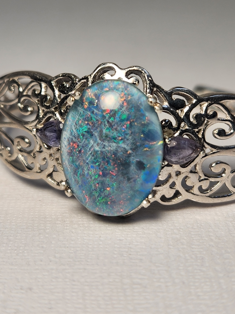VTG Large Natural Opal & Amethyst 925 Filigree Cuff Btacelet - Picture 5 of 16